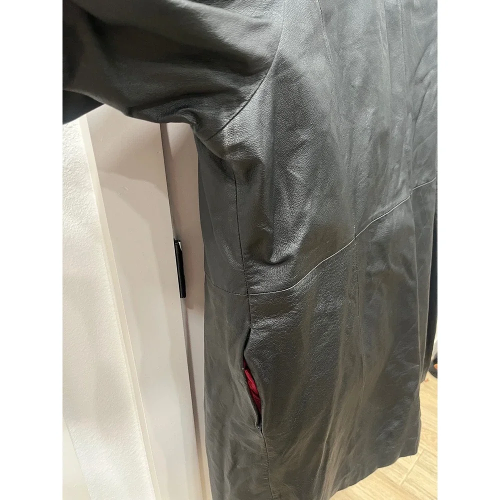 Mens Black Leather Trench Coat Pink Trim‎ Duster Jacket Outerwear Venezia